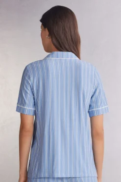 Bluzka z Krótkim Rękawem z Modalu Rozpinana z Przodu Oxford Stripes
