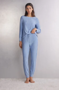 Długie Spodnie z Modalu ze Ściągaczami Oxford Stripes