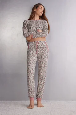 Długie Spodnie z Modalu ze Ściągaczem Floral Romance