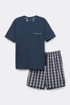 Krótka Piżama z Bawełny i Płótna w Kratę Denim