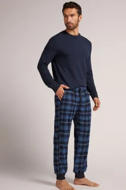Spodnie z Czesanej Bawełny z Nadrukiem w Kratę Niebieski Denim