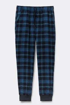 Spodnie z Czesanej Bawełny z Nadrukiem w Kratę Niebieski Denim