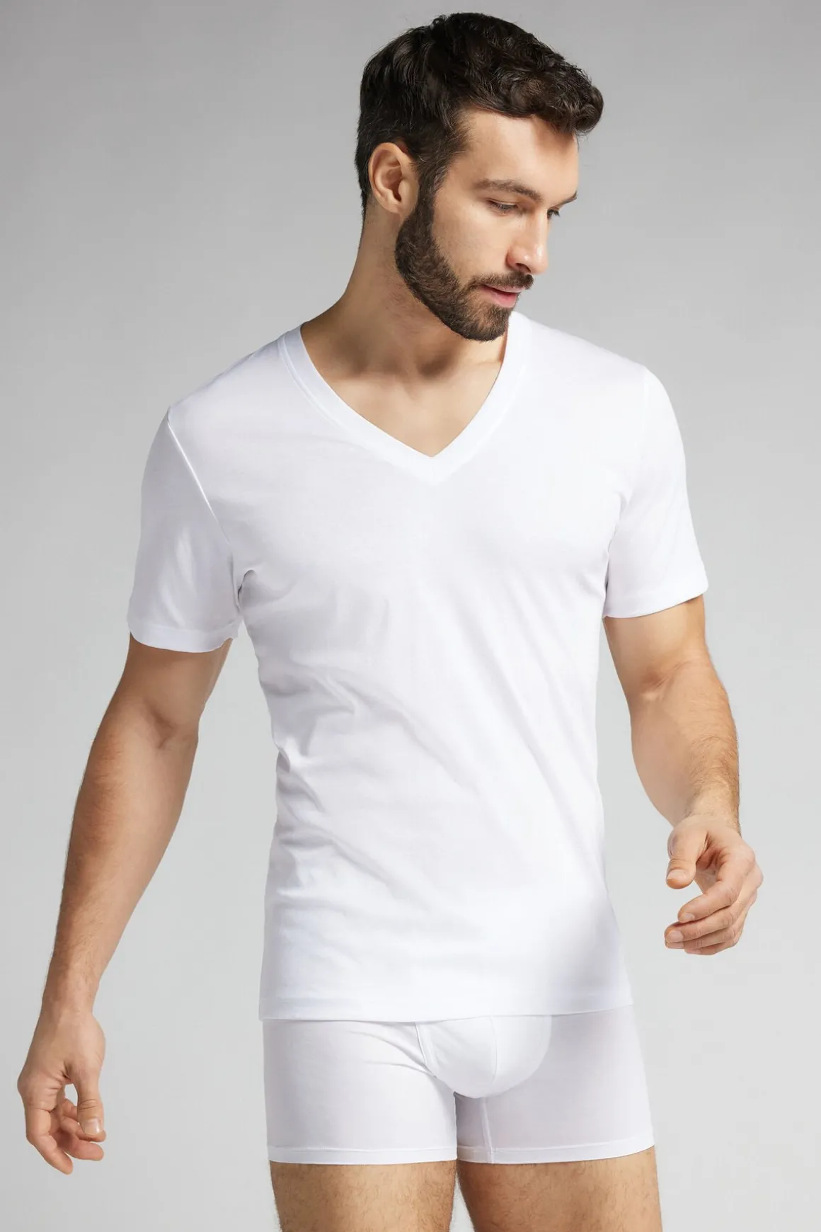 T-shirt z Dekoltem w Kształcie Litery V z Merceryzowanej Bawełny Premium