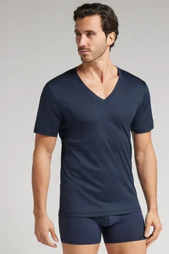 T-shirt z Dekoltem w Kształcie Litery V z Merceryzowanej Bawełny Premium