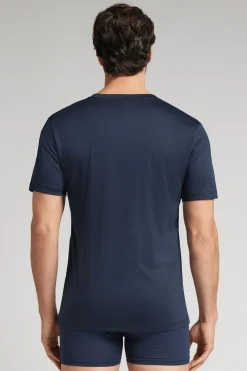 T-shirt z Dekoltem w Kształcie Litery V z Merceryzowanej Bawełny Premium