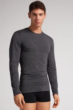 T-shirt z Długim Rękawem z Wełny Merino Okrągły Dekolt